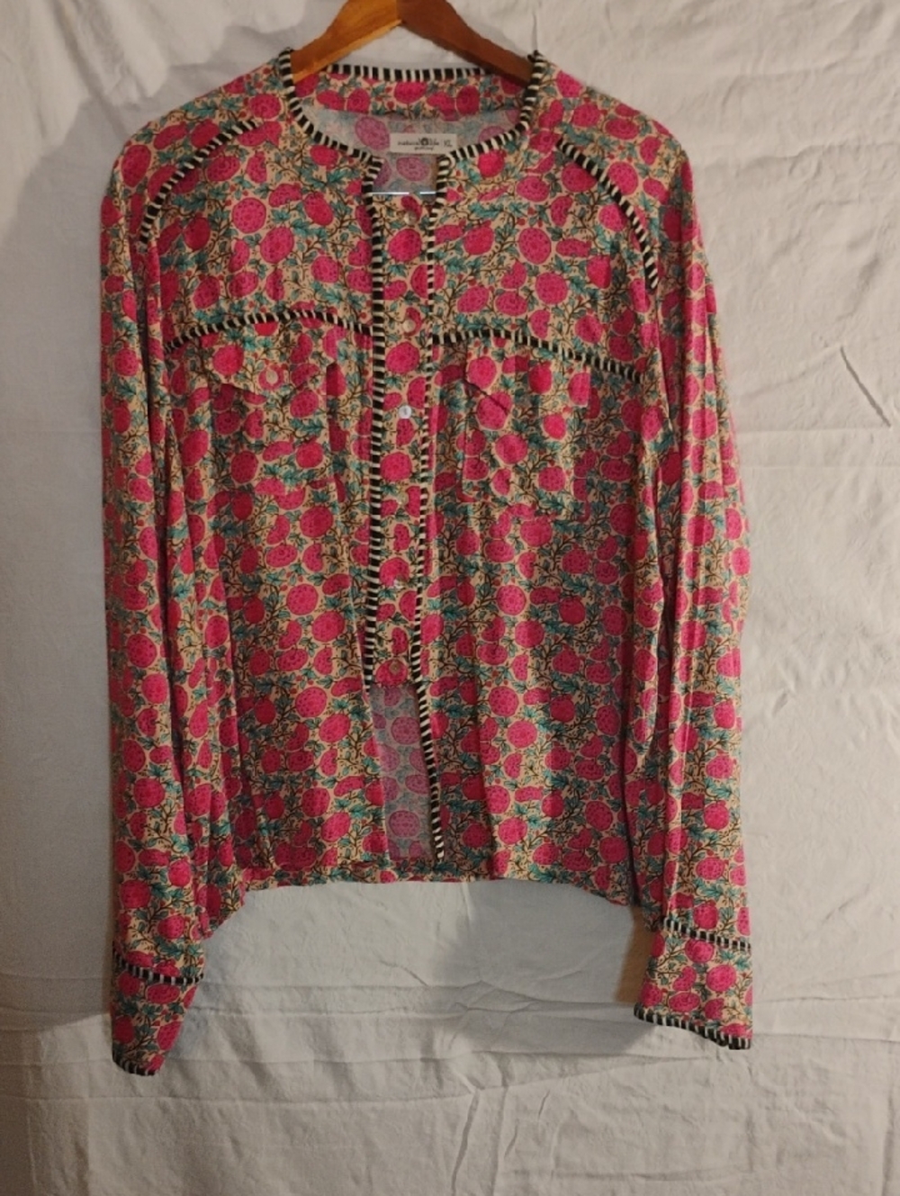 NATURAL LIFE Pink Floral Button-Up Top with Striped Trim